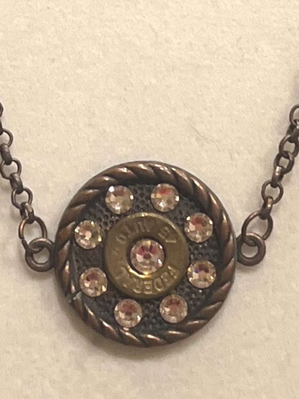 Pretty Hunter Bullet Necklace with Crystal Accents in Brown and Rose Gold
